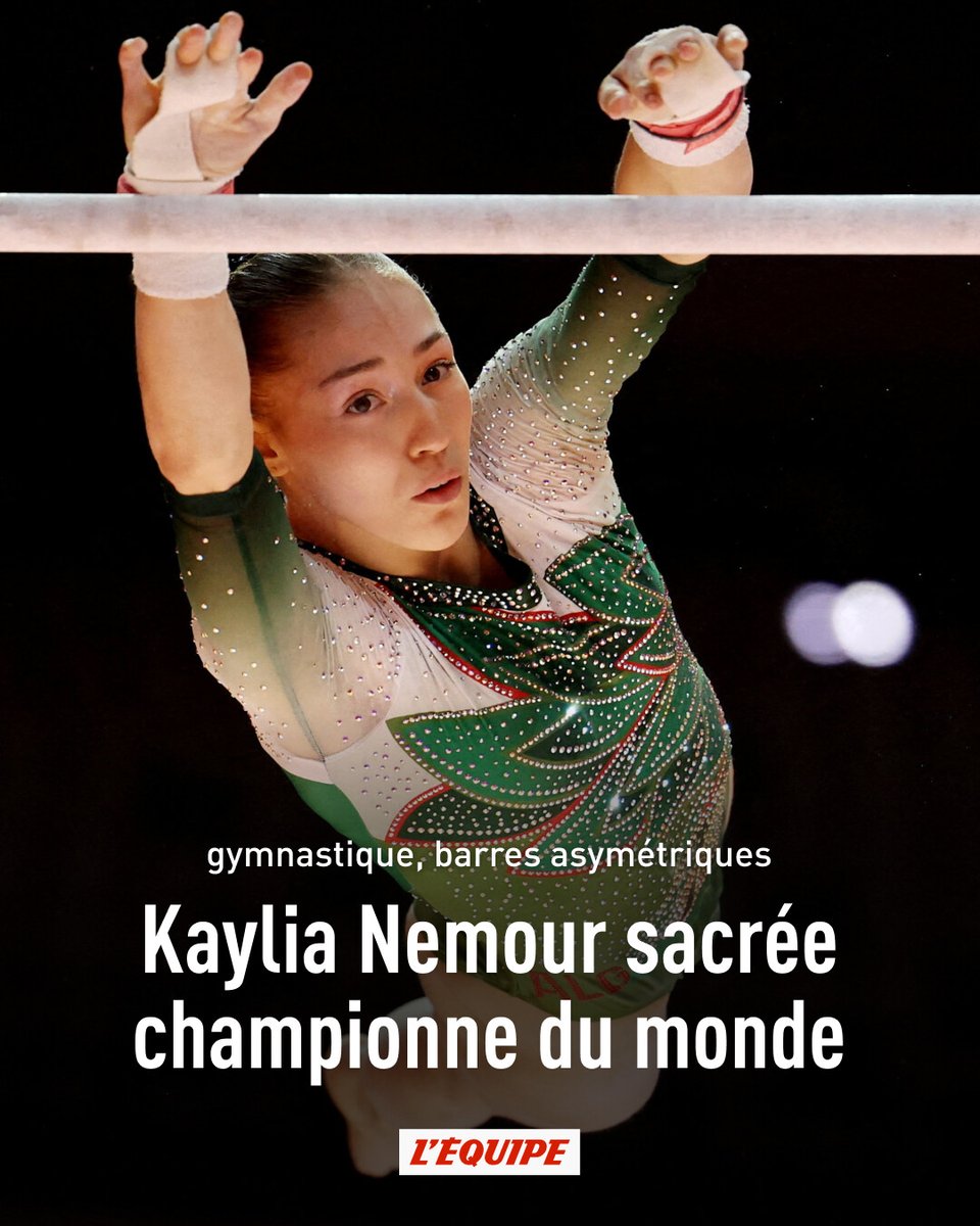 lequipe's tweet image. Médaillée d'or olympique à cet agrès à Paris l'an dernier, l'Algérienne Kaylia Nemour a été sacrée championne du monde des barres asymétriques, ce vendredi à Jakarta, à l'âge de 18 ans
➡️ l.lequipe.fr/0Vk