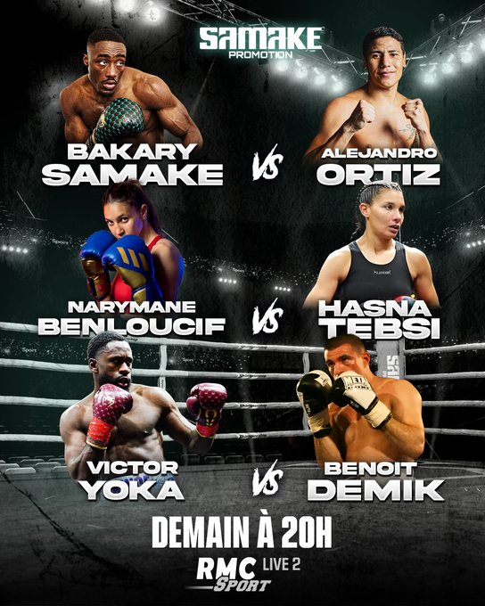 Promotional poster for SamaKake boxing event divided into four quadrants. Top left shows Bakary Samake, a Black male fighter in blue trunks, posing with gloves up. Top right shows Alejandro Ortiz, a Hispanic male fighter in red trunks, posing similarly. Bottom left shows Benie Nary Louane, a female fighter in blue gear, posing. Bottom right shows Hapsa Tespia, a female fighter in black gear, posing. Bottom center text reads Viktar Yukoka vs Benoit Demikik. Overall dark background with spotlights and RMC Sport 2 branding at bottom.