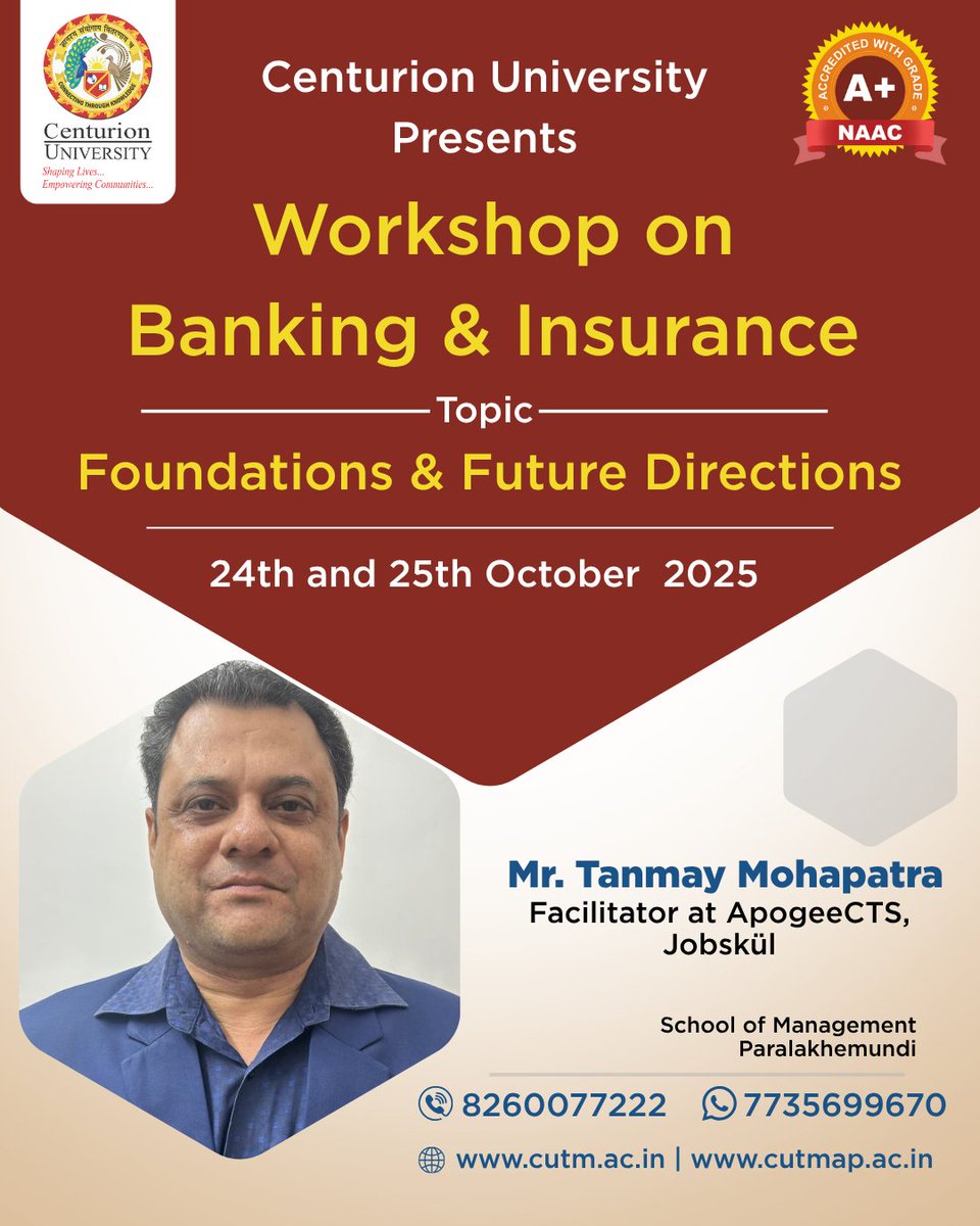 CUTM_AP's tweet image. &quot;Empowering tomorrow’s finance leaders through knowledge and innovation&quot;

#cutmap #cutmbbsr #cutmpkd #bankingandinsurance #financeworkshop #futureoffinance #centurionuniversity #financialeducation #careerinfinance #knowledgeinmotion