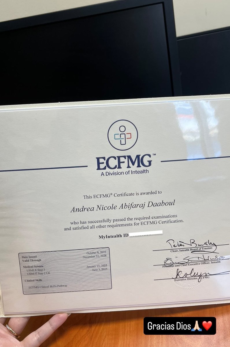 AndreaAbifaraj's tweet image. ECFMG Certified! 🥳✨💗
At the end of the day, hard work pays off!
Excited for everything that’s coming!
#Match2026 #InternalMedicineApplicant #ECFMG