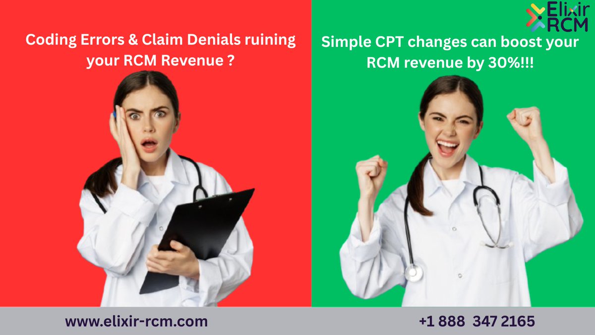 ElixirRcm's tweet image. #RCM #RevenueCycleManagement #HealthcareFinance #CPTcodes #MedicalBilling #ClaimDenials #HealthcareRevenue
Struggling with coding errors and claim denials in your RCM process? Discover how simple CPT changes can increase your revenue by 30%!