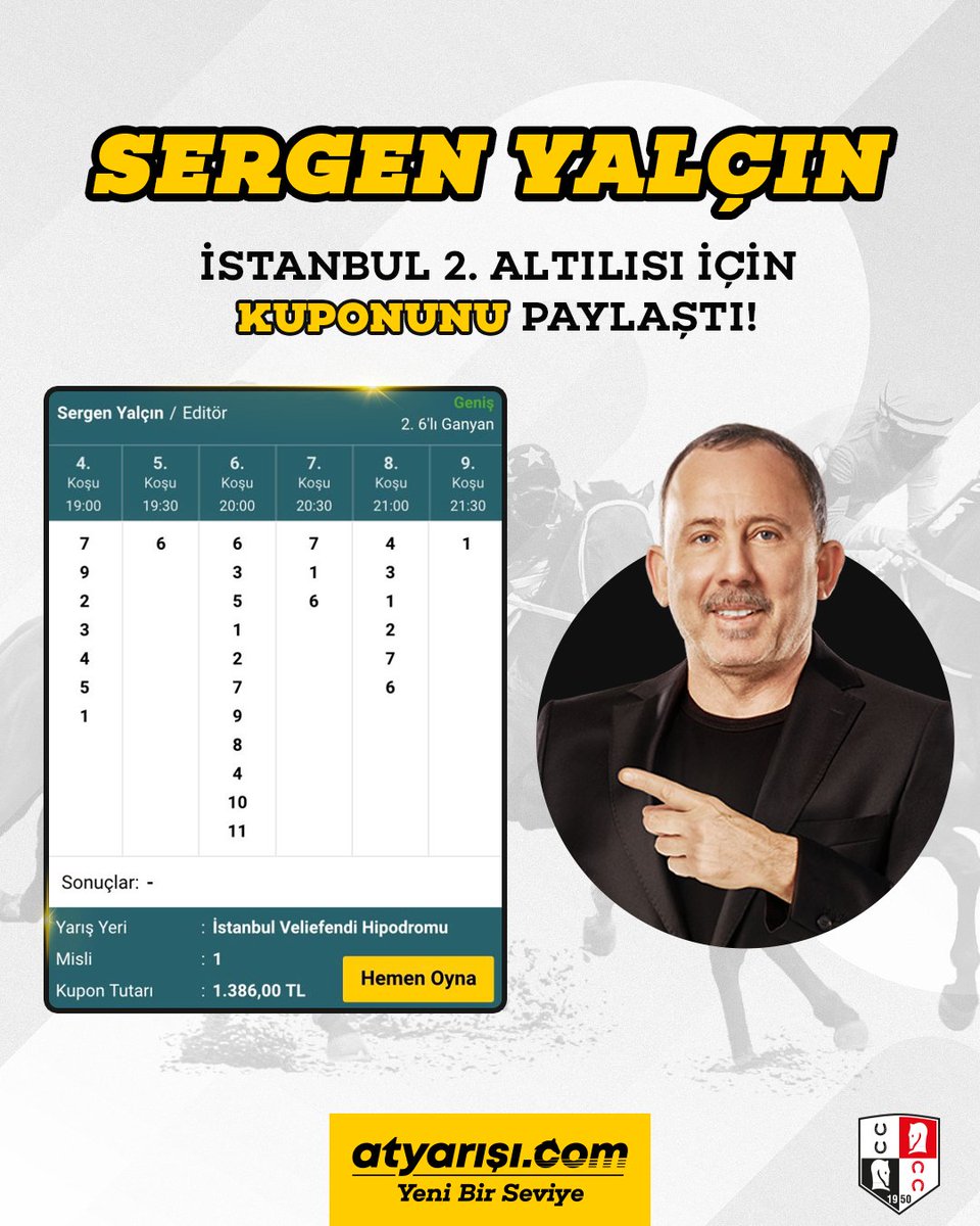 Sergen Yalçın, İstanbul 2. Altılısı için kuponunu paylaştı!          

Sergen Yalçın'ın hazır kuponuna atyarışı.com'da hemen oyna --> atyrs.co/3vS7MFe