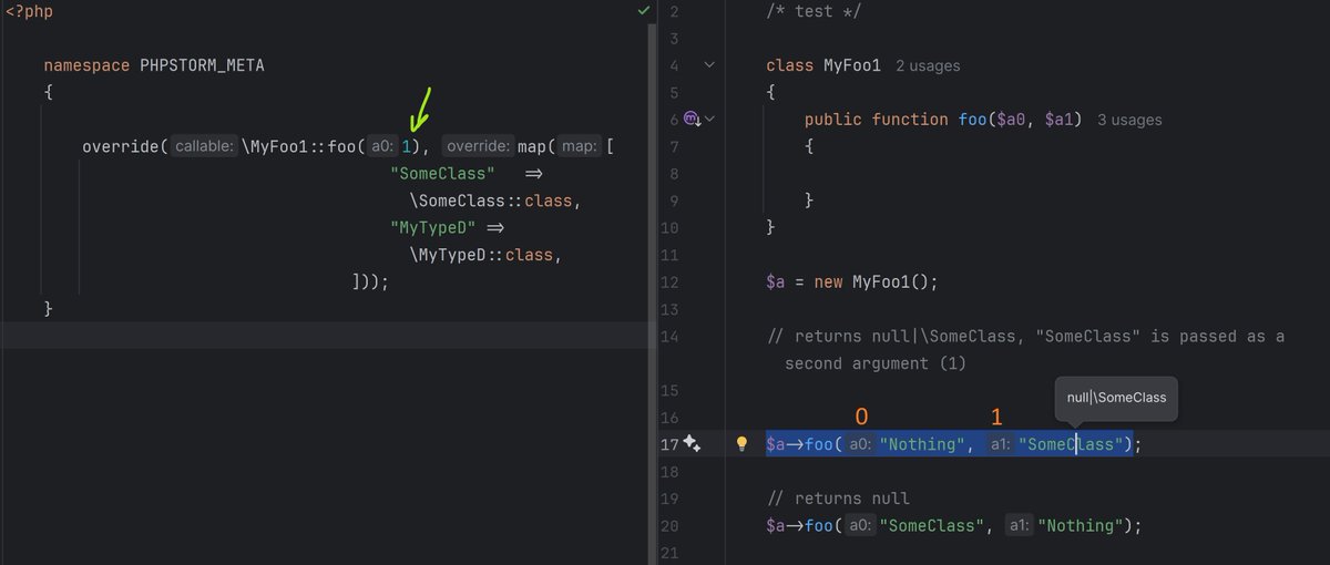 phpstorm's tweet image. Hey,

It is definitely not obvious, but you can specify an argument position as int (starting from 0) via the method arguments in meta.
In your case, something like &apos;\MyClass::loadSomething(1)&apos; should do the trick.

Hope we got your concern correctly :)
If not, please let us…