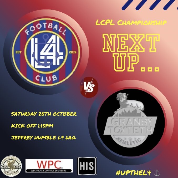 October concludes with a home game in what is always a highly competitive fixture vs Granby Toxteth Athletic. Kick off at Jeffrey Humble is 1:15pm. #L4 ⚓️ <a href="/LCPL2012/">Liverpool CPL</a>