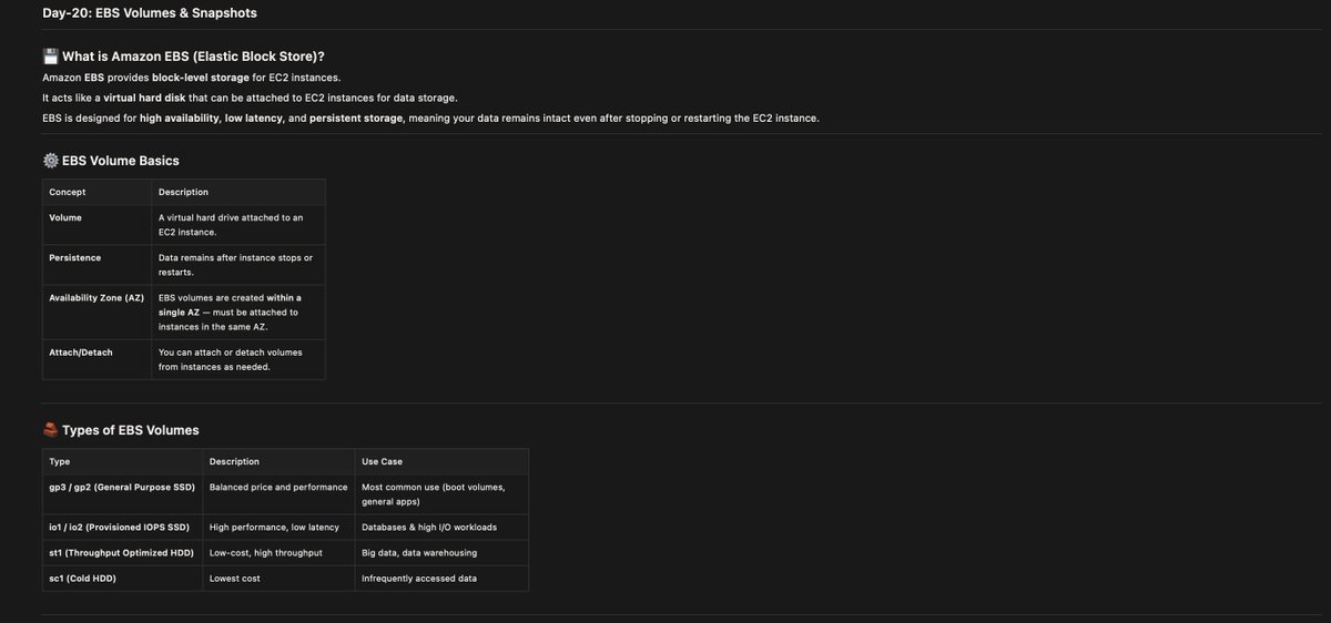 cloudinsteps's tweet image. Day-20[EBS Volumes &amp;amp; Snapshot]
RoadMap:in.docs.wps.com/module/common/…

#CloudSecurity #AWS #DevOpsSecurity 

EBS = Block storage attached to EC2.
Snapshots are backups of EBS vol stored in S3.
Volumes are AZ-specific, while snapshots can be region-wide.

Notion : notion.so/Day-20-EBS-Vol…