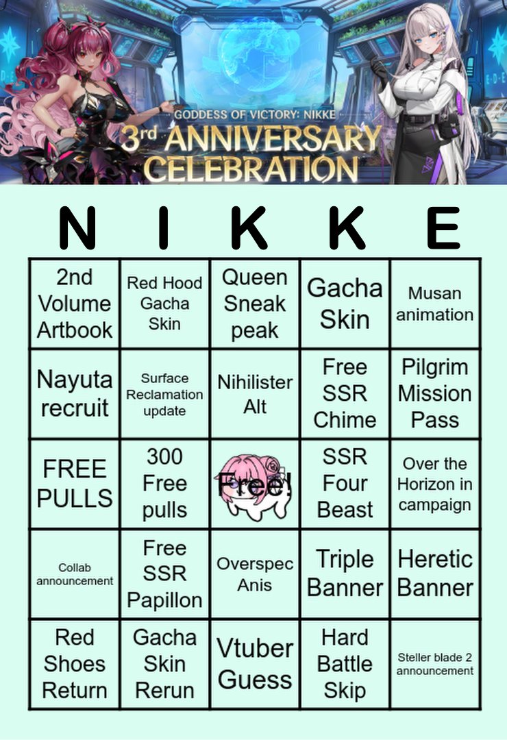 Thank you Commanders for your help! Here is the bingo card based on the replies I got! I sadly could not add them all. I also added a few personal ones! Can't wait to see if we get a NIKKE (Bingo)!

See y'all tomorrow when I live stream my reaction to it! 

#NIKKE
