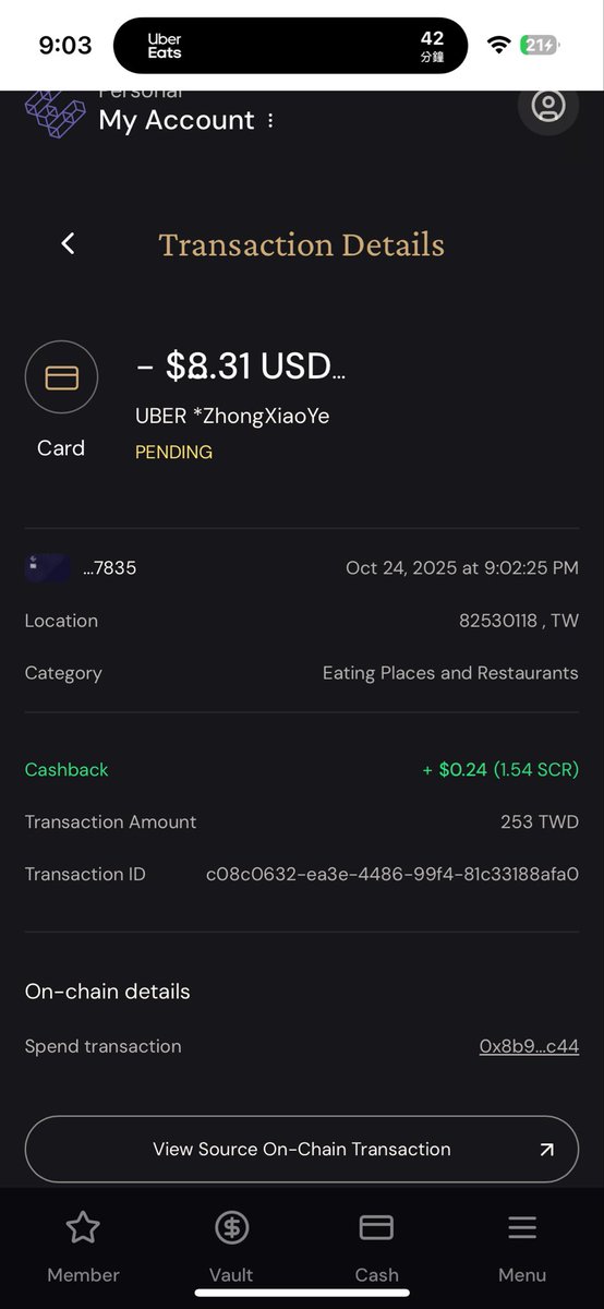 「 比較一下用 Tria 跟 Etherfi 叫外送」

昨天刷了美金 今天用 Uber Eat 來測台幣

午餐用 <a href="/useTria/">Tria</a> 買單~
有 1% 的換匯費用
匯率是 30.76 幾乎跟銀行一樣
275 TWD 扣款 9.03 U
· 275/9.03=30.454

晚上用了 Etherfi 一樣叫 Uber Eat
沒有明確顯示有換匯費用跟匯率
253 TWD 扣款 8.31U
·