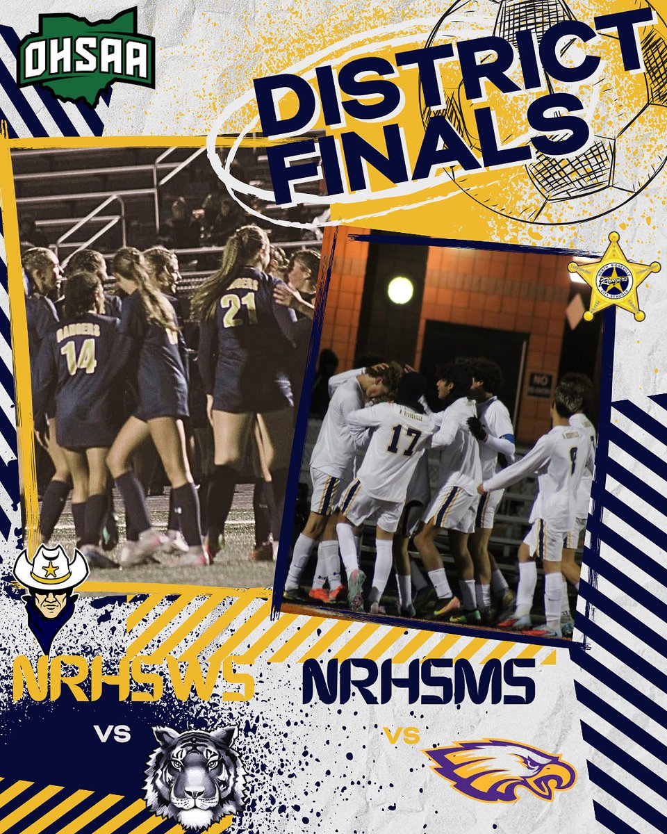 ⭐️DISTRICT FINALS⭐️
⚽️Your Rangers have advanced to the next round of the OHSAA Tournament

🟡NRHSWS play Saturday, 10/25 2:00pm at Howland High School (Warren) against Twinsburg 🐯 
🔵NRHSMS play Saturday, 10/25 7:00pm at Byers Field (Parma) against Avon 🦅 

#OneTeamOneFamily