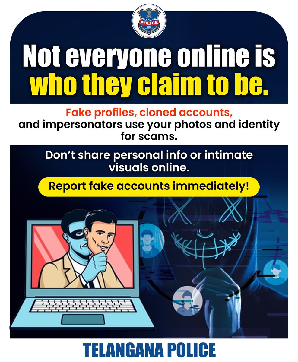 TelanganaCOPs's tweet image. Don’t share personal info or intimate visuals online.

Telangana Police urges everyone Be alert before you connect. Report fake accounts immediately.

#InstagramFraud #StayCyberSafe #TelanganaPolice