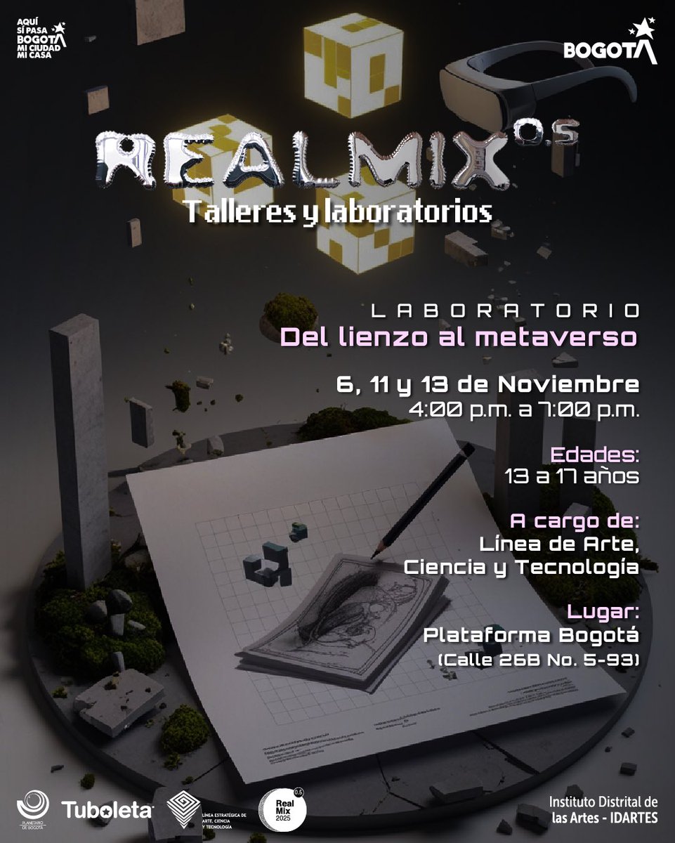 En el Festival RealMix 0.5 se realizará el Laboratorio: Del lienzo al metaverso, donde jóvenes explorarán y crearán en mundos digitales.

Fechas: 6, 11 y 13 de noviembre
Hora: 04:00 p.m.
Lugar: Plataforma Bogotá (Cll 26B # 5-93, Bogotá)
 
🔗: tuboleta.com/es/eventos/lab…

#AquíSíPasa