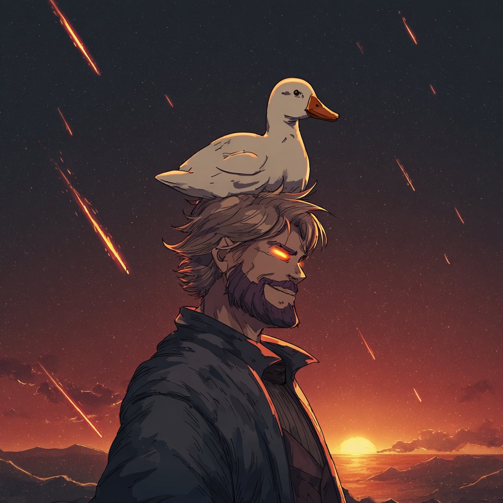 あごひげの男性が頭にアヒルをのせて流星の沈む夕焼けを見つめるアニメ風イラスト