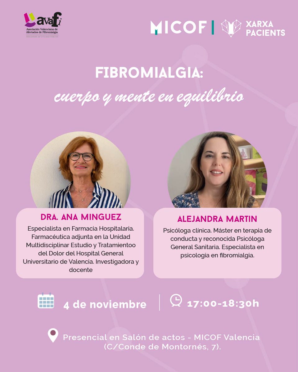 Avafi1's tweet image. No os podéis perder esta charla organizada por Micof, dentro de la formación complementaria “Fibromialgia: cuerpo y mente en equilibrio.
Participa nuestra Psicóloga Alejandra Martín y la Doctora Ana Minguez.
Os esperamos!!!
