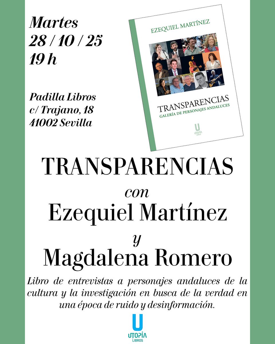 Transparencias recoge entrevistas q hizo Ezequiel Martínez, desde 2014 a libreros, cantaoras, exministras, poetas, cineastas...  Contaremos con la presencia del autor acompañado por Magdalena Romero, quien, invirtiendo los papeles, entrevistará al propio Ezequiel.  Martes 28 -19h