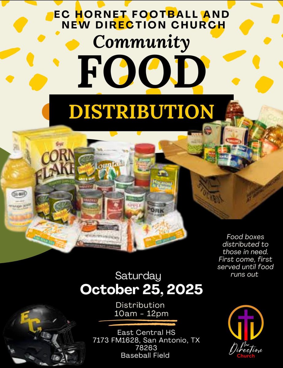 _ECBaseball's tweet image. 🍎 Community Food Distribution 🍞
EC Hornet Football 🐝 x New Direction Church ✝️
📅 Sat, Oct 25, 2025
🕙 10AM–12PM
📍 East Central HS Baseball Field
Free food boxes for those in need — first come, first served!
#HornetPride #CommunityStrong #ECFootball