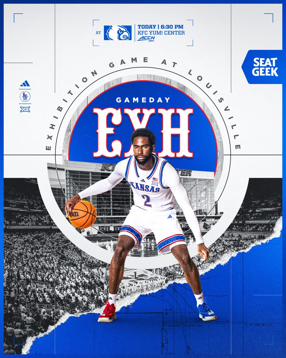 Kansas Basketball checking in…

👉 at Louisville (exh.)
⏰ 6:30 PM CT
📍 KFC Yum! Center
📺 ACC Network
🎙️ Jayhawk Sports Network

#RockChalk | <a href="/SeatGeek/">SeatGeek</a>