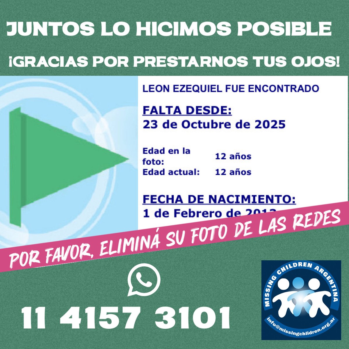 banderablancaMC's tweet photo. Juntos lo hicimos posible 
¡Gracias por prestarnos tus ojos!

#conloschicosno 
#chicosperdidos 
#pormaschicosencontrados 
#missingchildrenarg https://t.co/1bg2eugXXC