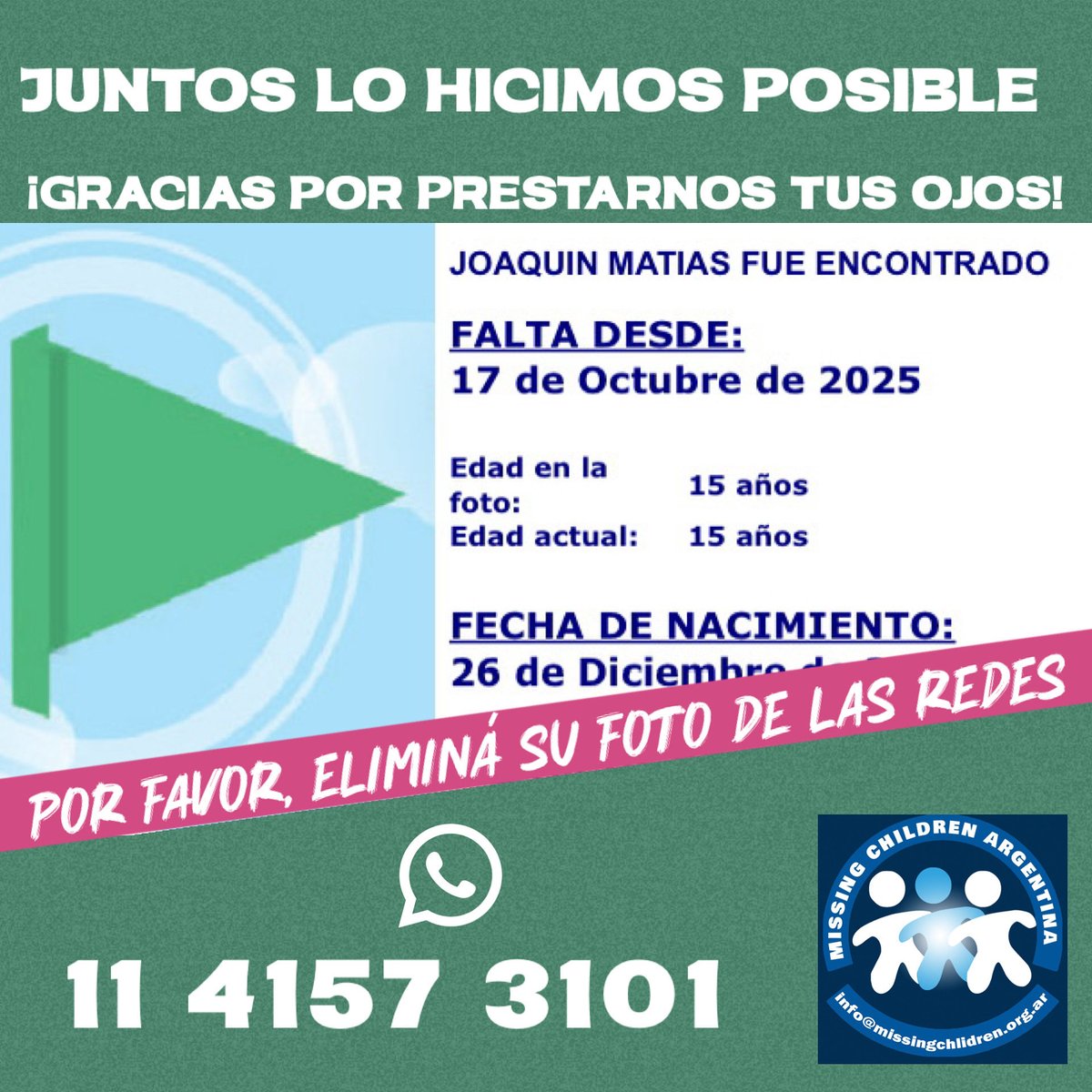 banderablancaMC's tweet photo. Juntos lo hicimos posible 
¡Gracias por prestarnos tus ojos!

#conloschicosno 
#chicosperdidos 
#pormaschicosencontrados 
#missingchildrenarg https://t.co/1bg2eugXXC
