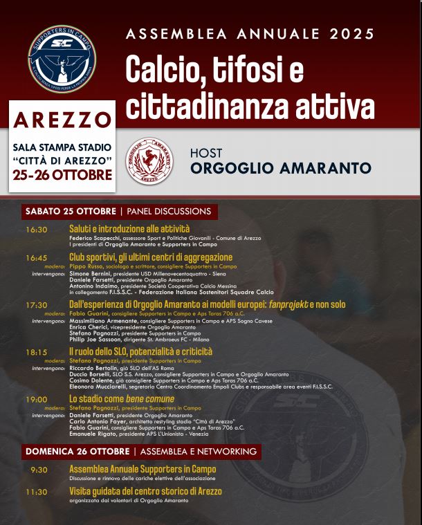 Da domani a Arezzo: Assemblea annuale Supporters In Campo(<a href="/SinC_Italia/">Supporters In Campo</a>), 25-26 ottobre Arezzo. Programma e locandina

➡️ communityfootball.it/2025/09/18/inc…
