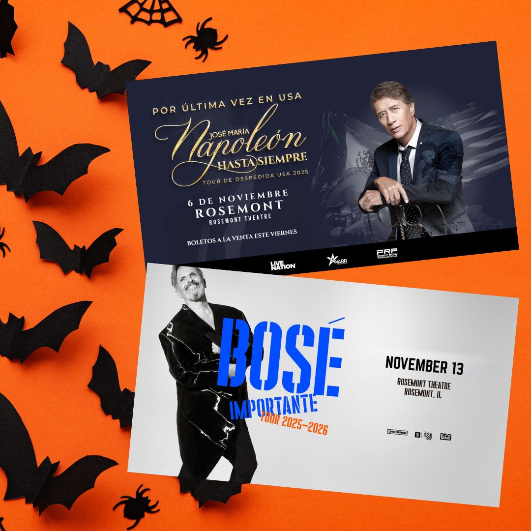 Spooky season at Rosemont Theatre just got legendary. Two unforgettable nights filled with timeless music, passion, and emotion.   José María Napoleón – November 6,  Miguel Bosé – November 13
Don’t miss this savings offer. Get  tickets before they vanish!  bit.ly/3J0gjN1