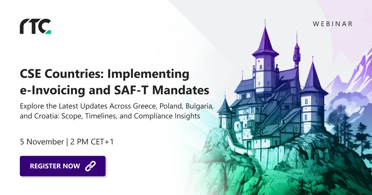 RTC_Suite's tweet image. Are you ready for the rising complexity of e-Invoicing &amp;amp; SAF-T in CEE/SEE? 🇬🇷🇵🇱🇧🇬🇭🇷
Join our expert webinar for key updates from Greece, Poland, Bulgaria &amp;amp; Croatia.

👉 us06web.zoom.us/webinar/regist…

#eInvoicing #SAFT #TaxCompliance #CSE #Webinar #DigitalTransformation