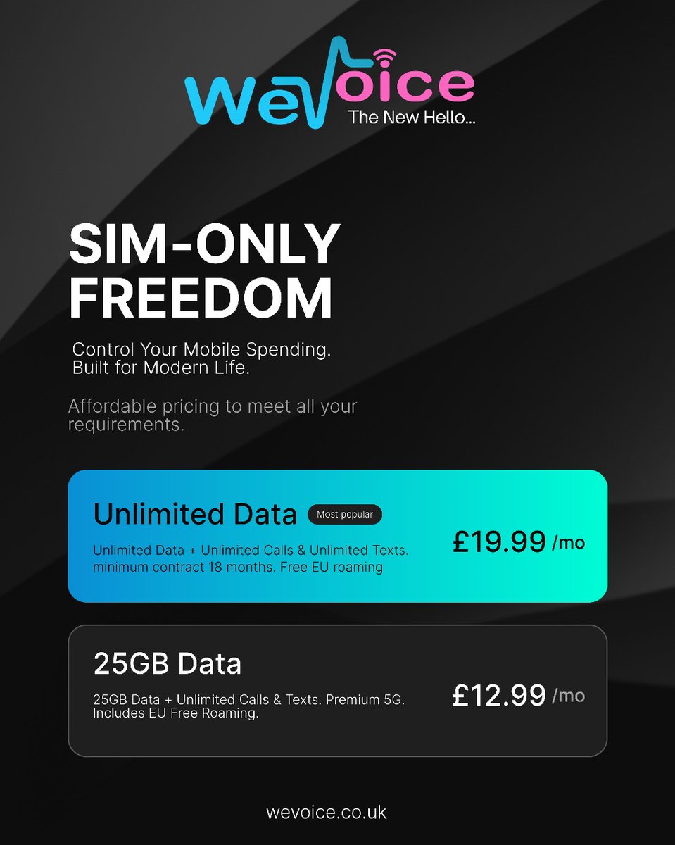 wevoiceuk's tweet photo. Say hello to SIM-ONLY FREEDOM with WeVoice!

Tired of overpaying? Control your mobile spending and get everything you need for modern life.

#WeVoice #SIMOnly #MobileDeals #UnlimitedData #FreeEUroaming #TheNewHello #MobileFreedom https://t.co/iu4XreAw18