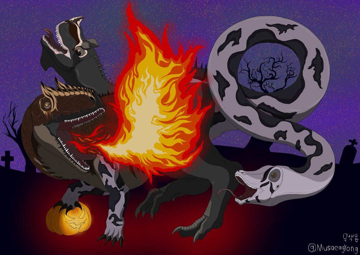MusaegYong71953's tweet photo. 키메라파가낙스(암염소를 잡아먹는 왕/Chimaeraphaganax)

Happy Halloween!!!

#그림 #팔레오 #팔레오아트 #공룡 #가상의생물 #할로윈 #사우로파가낙스 #art #paleo #paleoart #dino #dinosaur #fictionalcreature #halloween #saurophaganax https://t.co/RAXp6e2LUr