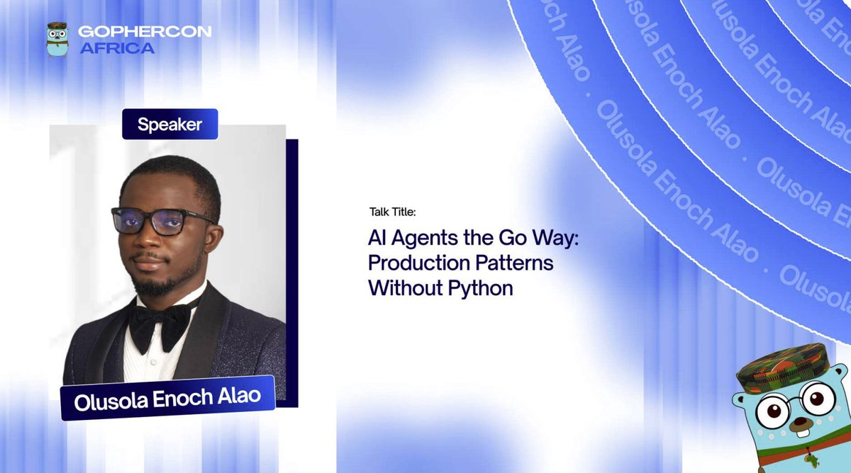 gophers_africa's tweet image. Big moment at #GopherConAfrica! 🎤
@alaoolusolae is delivering his first-ever talk — “AI Agents the Go Way: Production Patterns Without Python.”
Inspiring to see new voices shaping the future of AI with Go 💙🤖 #GoLang #AI #Gophers
