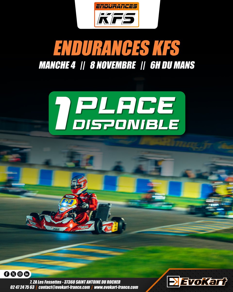 ⚫🟠 Endurances KFS - Manche 4 🟠⚫

🚨 1 PLACE DISPONIBLE 🚨

📅 Samedi 8 novembre
📍 Circuit International du Mans
⏱ Course de 6 Heures – semi-nocturne

#kartracing #karting #motorsport #racingcar #racingdriver #France #gokart #kartinglovers #kart #KFS #moteur #vortexengines