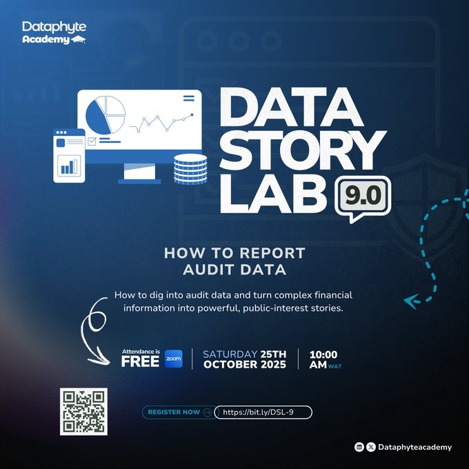 DataphytAcademy's tweet image. Together with @PLSInitiative, our #DataStoryLab would engage participants on how to to decode audit data, craft stories that hold power to account, foster citizen awareness, and drive systemic change
Register here: bit.ly/DSL-9