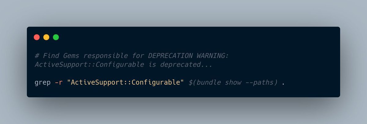 hschnedlitz's tweet image. Already upgraded to Rails 8.1? 
If you're getting some pesky deprecation warnings, here's a one-liner to find the gems responsible 🕵️ 
#rubyonrails #ruby