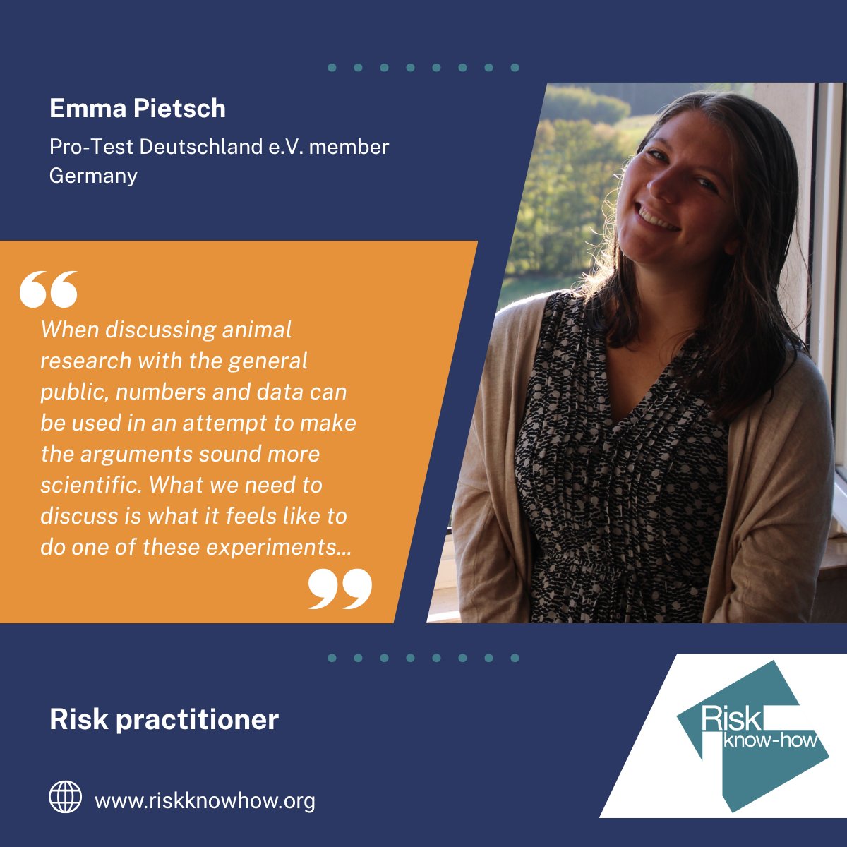 Riskknowhow's tweet image. Meet risk practitioner Emma Pietsch. Emma is a member of @ProTestDE a non-profit organisation which aims to promote a more open and honest debate about animal testing. Learn more about Emma’s approach to framing information here👉 bit.ly/4n6RX1L