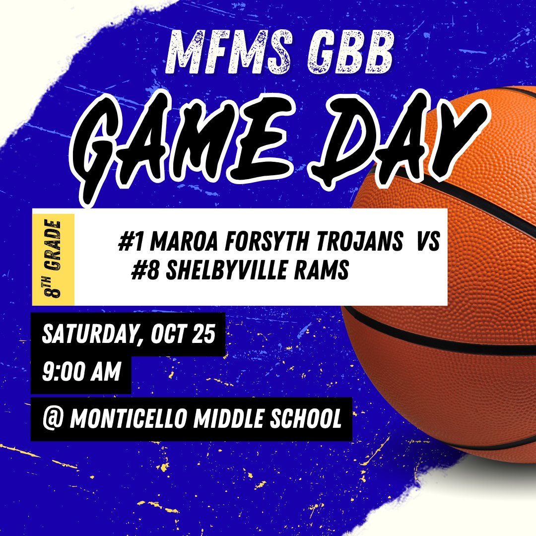 🏀GAME DAY🏀
🗓Saturday, October 25th
🏆Okaw Conference Tournament, Round 1️⃣
🆚Shelbyville 
⌚9:00 am (8th)
🏫Monticello Middle School
📍2015 E Washington, Monticello, IL
🔗fan.hudl.com/usa/il/montice…