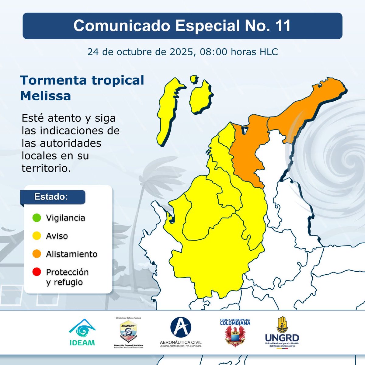 UNGRD's tweet photo. #TemporadaDeCiclones 🌀
La Mesa Técnica de Alertas de Ciclones Tropicales (MTACT) informa que la tormenta tropical #Melissa continúa su avance lento en el mar Caribe.

Permanecen en estado de Alistamiento 🟠 La Guajira, Magdalena y las Islas Cayos del Norte del Archipiélago de San Andrés, Providencia y Santa Catalina.

Aviso 🟡 para: San Andrés, Providencia y Santa Catalina, Atlántico, Bolívar, Sucre, Córdoba y Antioquia (Golfo de Urabá).

Se prevén precipitaciones de variada intensidad en diferentes sectores del litoral centro y áreas insulares del Caribe colombiano y en algunos sectores continentales. 

Los Consejos Departamentales y Municipales de Gestión del Riesgo de Desastres (CDGRD y CMGRD), así como a las entidades operativas del @SNGRDColombia, deben mantener activas sus acciones de prevención y monitoreo.

Se recomienda a las personas buscar refugio ante lluvias, vientos fuertes y tormentas eléctricas ⛈️.

🚨 Colombia mantiene activo el Protocolo Nacional de Alerta por Ciclones Tropicales y la Sala de Crisis Nacional.