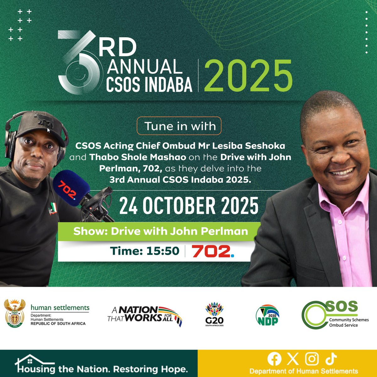 CSOS_SA's tweet image. Mr. Lesiba Seshoka, Acting Chief Ombud at the Community Schemes Ombud Service (CSOS), joins Thabo Shole Mashao, standing in for John Perlman on The Drive with John Perlman, to unpack how CSOS is building harmony, accountability, and shared responsibility in South Africa’s…