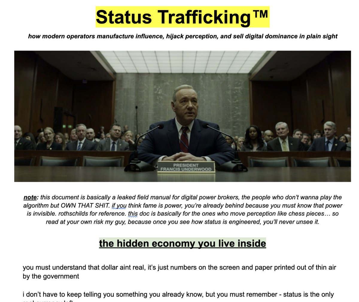 ImSehej's tweet image. micro-niche creators make $100000s every month

not by twerking on the gram, or creating &quot;valuable content&quot;

they&apos;ve mastered STATUS TRAFFICKING and AUDIENCE HIJACKING like frank underwood

follow, rt &amp;amp; comment &quot;status&quot; and i&apos;ll DM you doc showing how to do the same