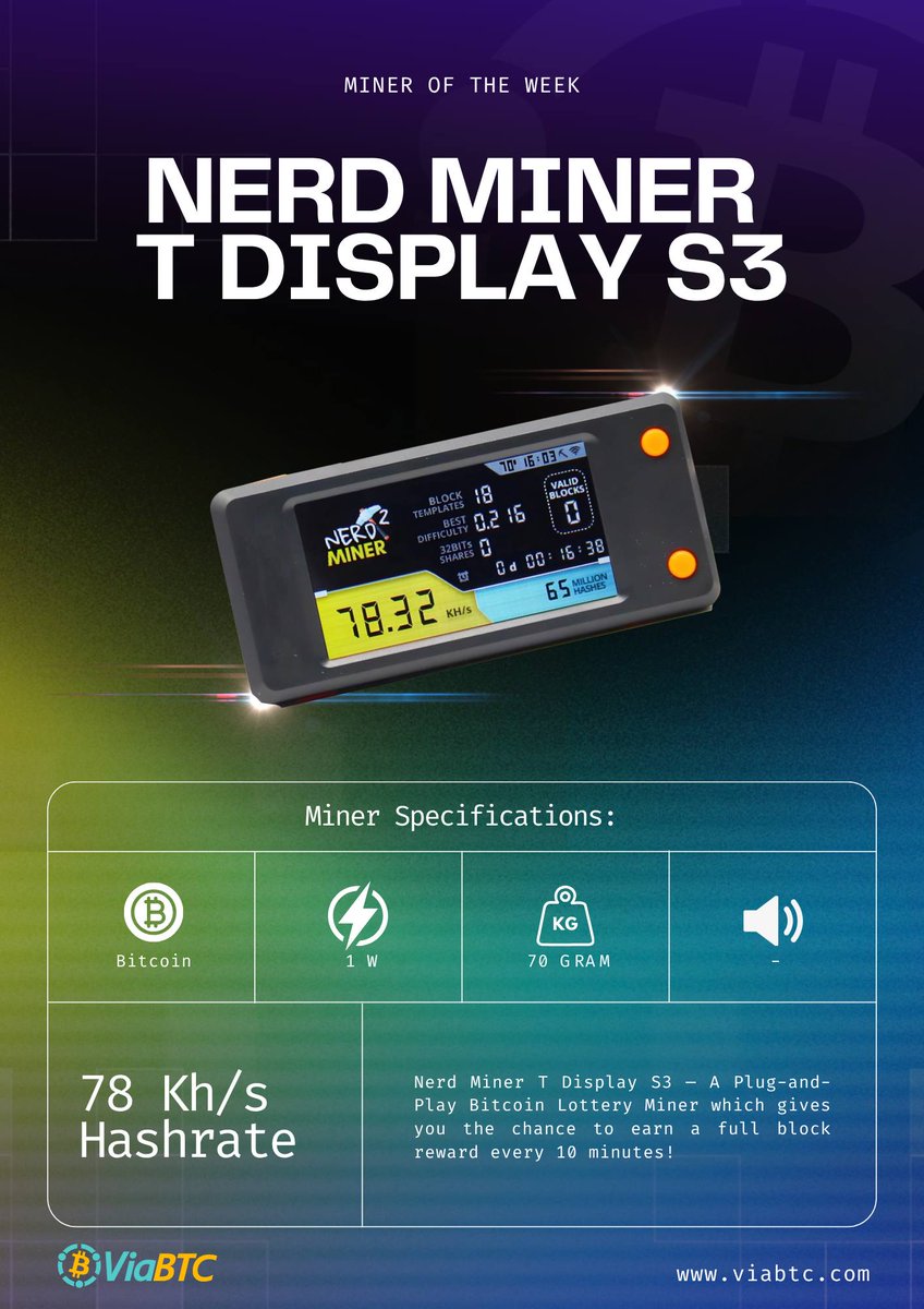 Meet the Nerdminer V2 S3 T-Display 🧠 Ultra-efficient, low power, and made  for solo mining. Small size, big Bitcoin spirit. ⚡ #ViaBTC #BTC #SoloMining
