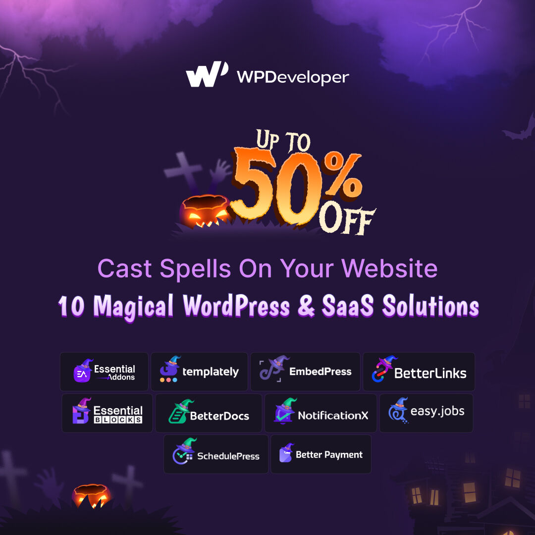 EssentialBlocks's tweet image. This Halloween, we’re offering deals so good, it’s scary: Up To 50% OFF

This year, WPDeveloper, the team behind Essential Blocks, has brewed some wickedly fun potions for you at a discount of up to 50% OFF!

Grab them now &amp;amp; scale up WordPress experience: wpdeveloper.com/halloween-deal…