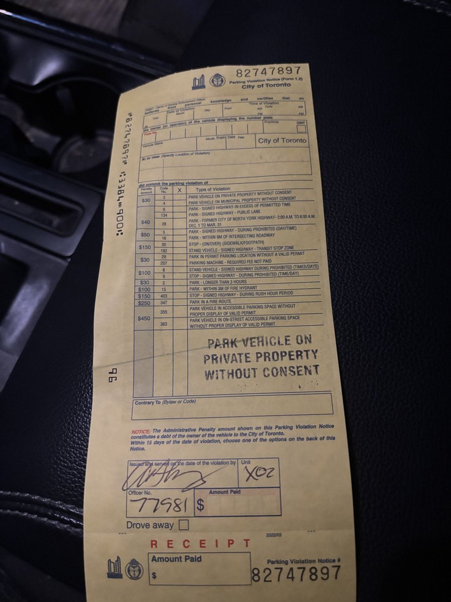 Kal_Johnson's tweet photo. ⁦@cityoftoronto⁩ ⁦@TorontoParking⁩  how can this stand as a parking ticket when none of my vehicle info, date, etc are present on the ticket? Put in a request for it to be reviewed and affirmed I have to pay. What a joke. https://t.co/X50AOiy1Wz