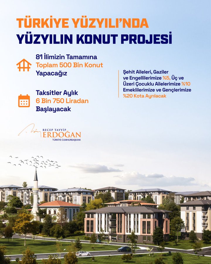 Graphic design in orange and white with Turkish text announcing the Turkey Century Housing Project including details on 500 thousand apartments total across 81 provinces with specifics like 81 thousand in Istanbul 6 thousand 750 in Batman from Gaziantep signature of Recep Tayyip Erdoğan at bottom and realistic rendering of modern multi-story residential buildings with green lawns cars and trees in a sunny urban setting.