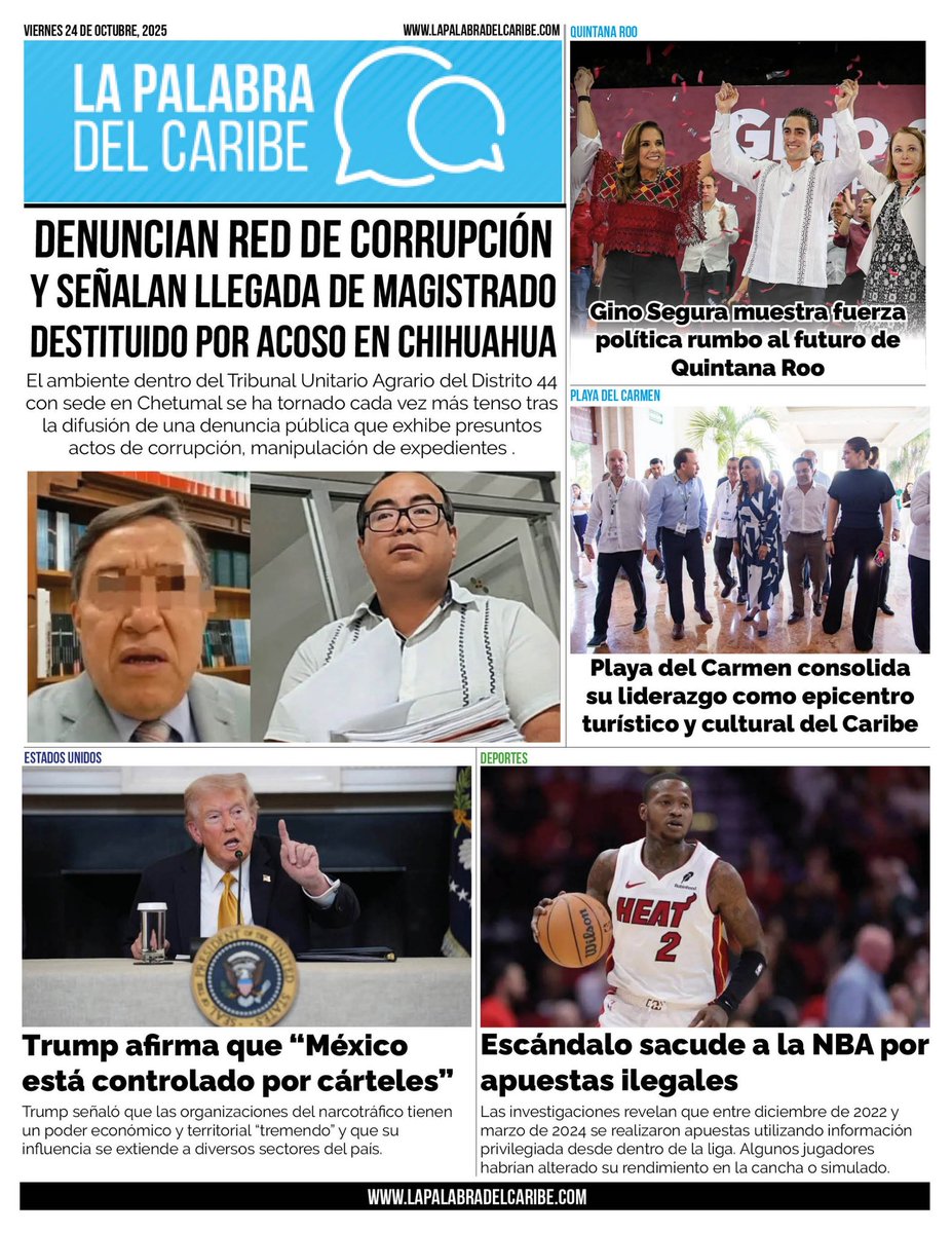 Sigue la corrupción en el Tribunal Agrario de Chetumal: denuncian red de corrupción y señalan llegada de magistrado destituido por acoso en Chihuahua - bit.ly/47hXSLD
----
Gino Segura muestra fuerza política rumbo al futuro de Quintana Roo - bit.ly/3WG64kd