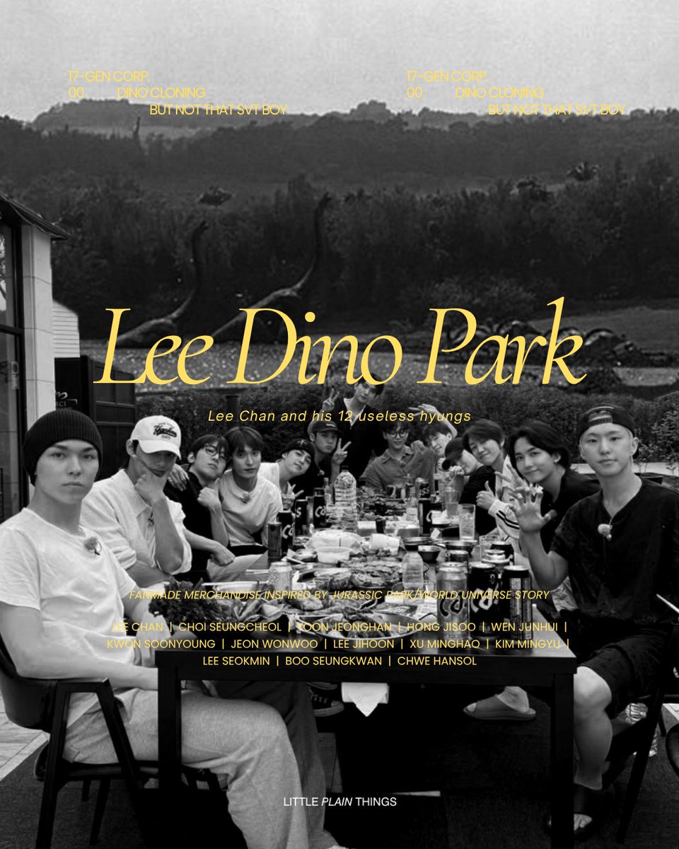 littleplthings's tweet photo. 'LEE DINO PARK' 🦖🌋⚔️
lee chan and his 12 useless hyungs

(fanmade merch inspired by jurassic park universe story)

by little plain things https://t.co/J7azL2DAwI