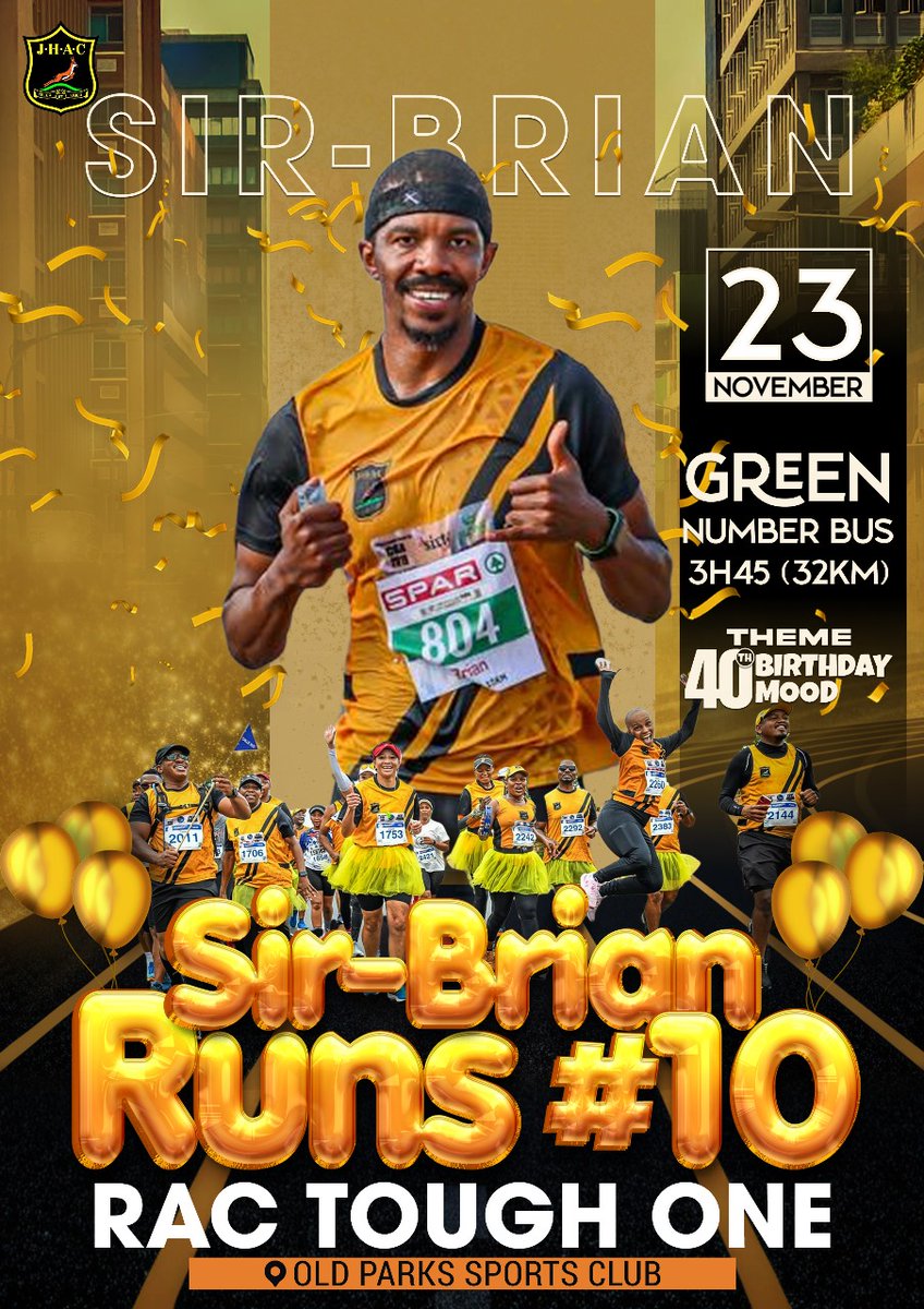 🥳📯🥳📯Sir Brian's hitting his 10th RAC Tough One - it's a green number celebration! 🥳 🎉  Lace up, sign up, and let's celebrate this legend! 

RAC Tough One - 23 November 
Sub 3:45 Sir-Brian #10 Bus (Green Number)
Driver - Captain

Not to be missed!! 💃🕺