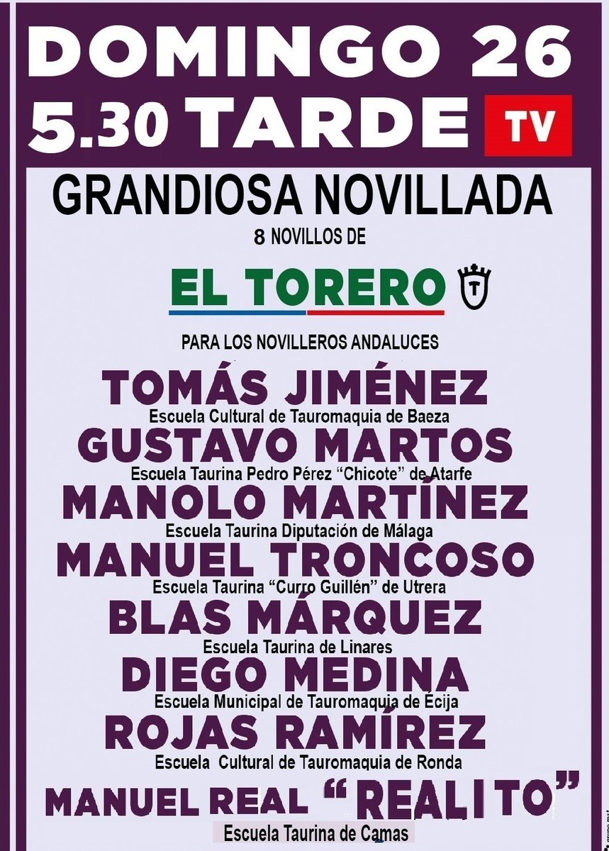 El próximo domingo día 26 el alumno de nuestra escuela taurina <a href="/Manueltroncosoo/">Manuel Troncoso Gutiérrez</a> torea en la localidad de Baeza,  con novillos de El Torero a las 17:30 h, dentro del encuentro andaluz de escuelas taurinas, televisado por <a href="/canalsur/">CanalSur</a>,  deseamos toda la suerte del mundo a Manuel.