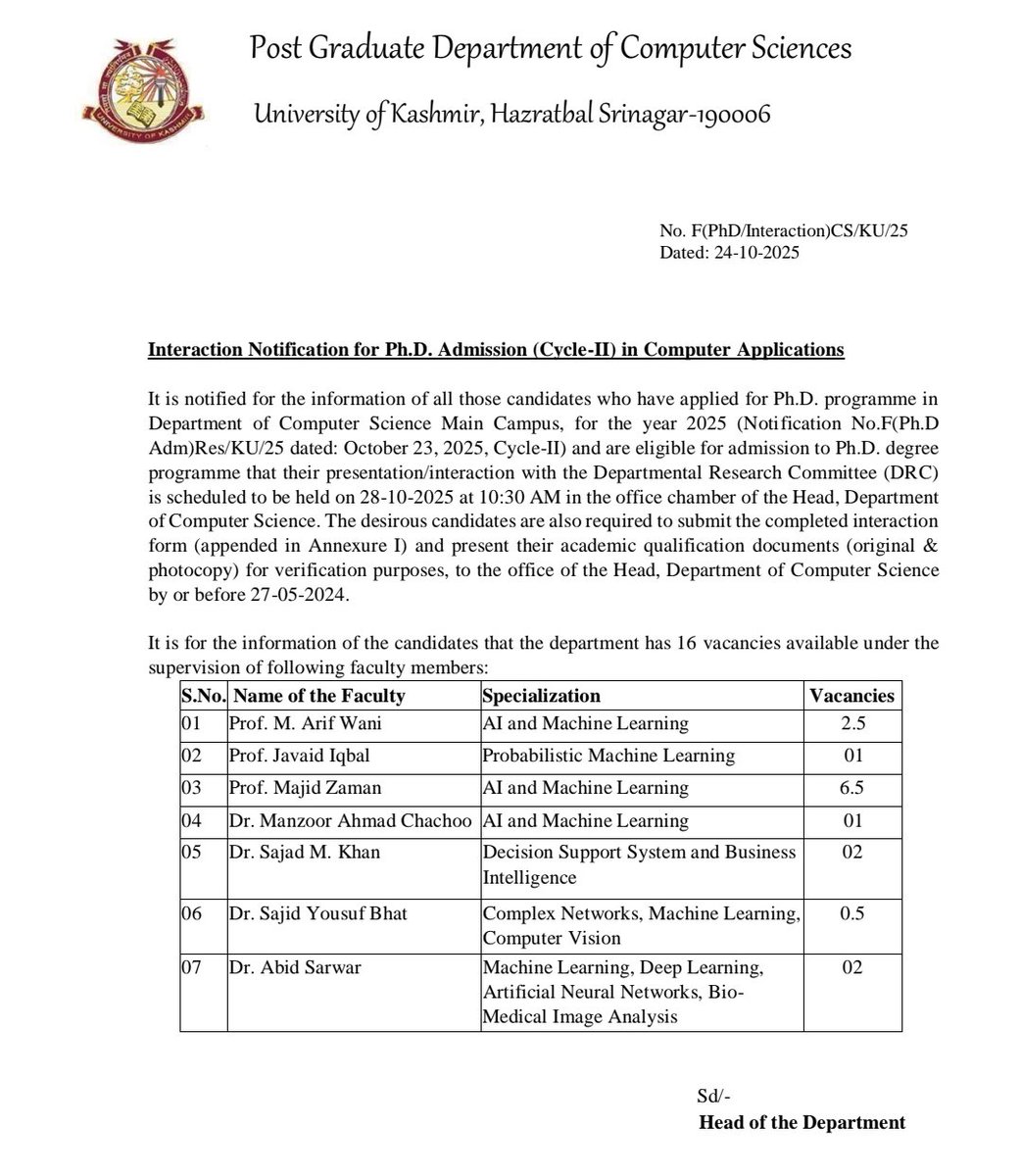 the_kmr_student's tweet image. Interaction notification for admission to PhD (Computer Science) - Cycle II - 2025 
University of Kashmir