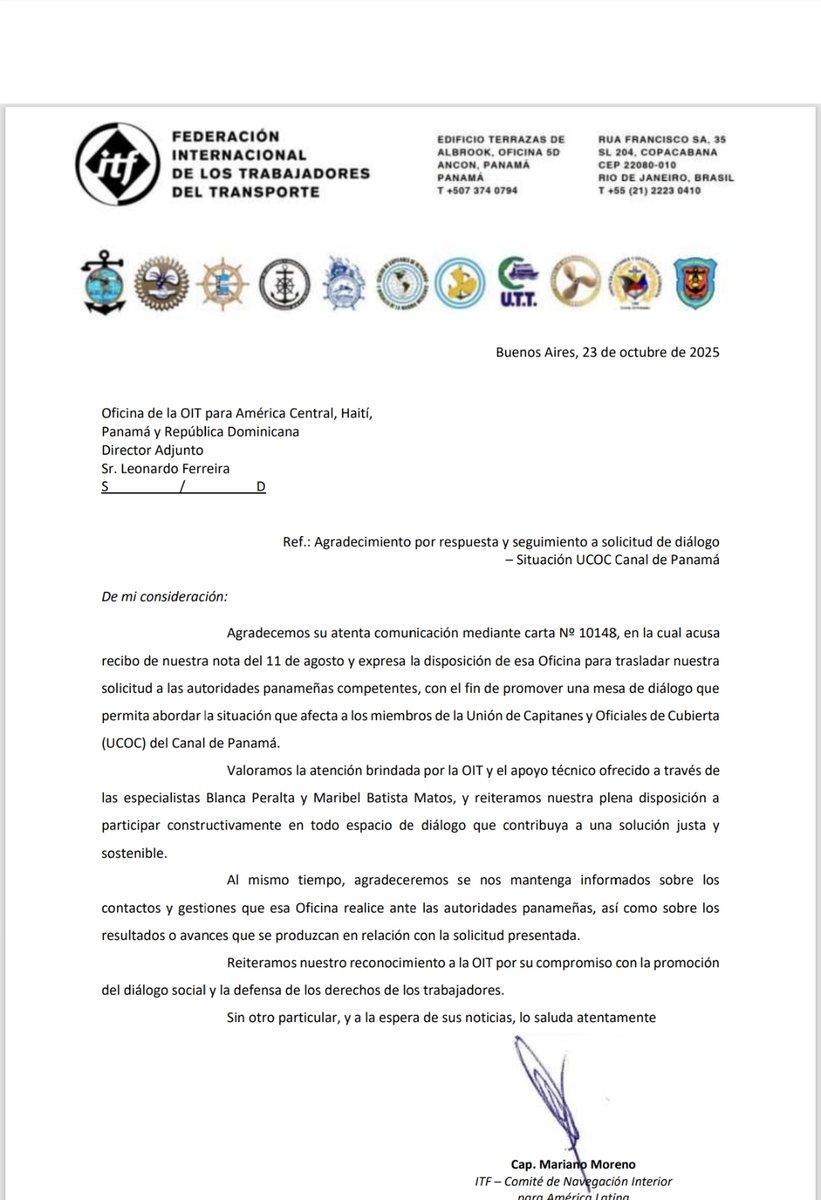 <a href="/MorenoPatrones/">Mariano Moreno</a> VP Nav Interior <a href="/ITF_Americas/">ITF Americas</a> junto a sindicatos hermanos del sector han denunciado a la <a href="/OITAmericas/">OIT Américas</a>  los ataques contra nuestros derechos humanos y sindicales por parte de la Adm/Jd <a href="/canaldepanama/">Canal de Panamá</a>. Regimen laboral especial colapsado.  #HechosDelCanal <a href="/jricazac/">Jose Ramón Icaza Clément</a>