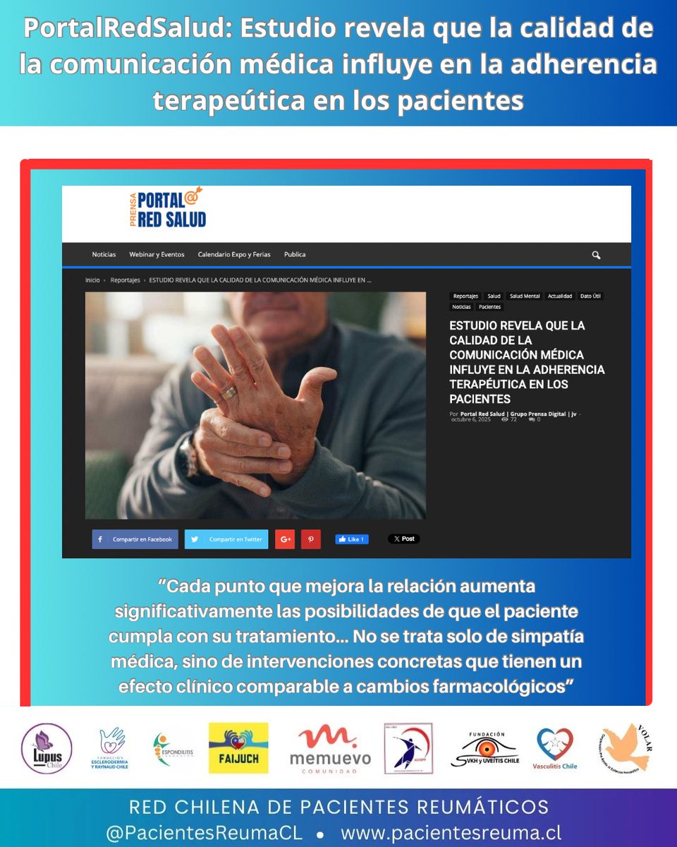 PacientesReumCL's tweet image. Lee el reportaje que nos hicieron desde @PortalRedSalud sobre el estudio que presentamos en #SOCHIRE2025.

En él podemos ver con evidencia que una mejor relación médico paciente resulta en un paciente más adherente a su tratamiento.

portalredsalud.cl/2025/10/06/est…