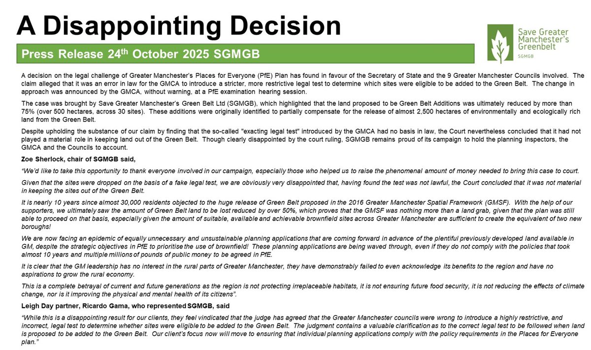 We are very disappointed to have to announce that the judge considering our legal challenge has dismissed our claim and has not found Places for Everyone to be unlawful.  Whilst the judicial decision is not positive news for our campaign, it is clear that without our