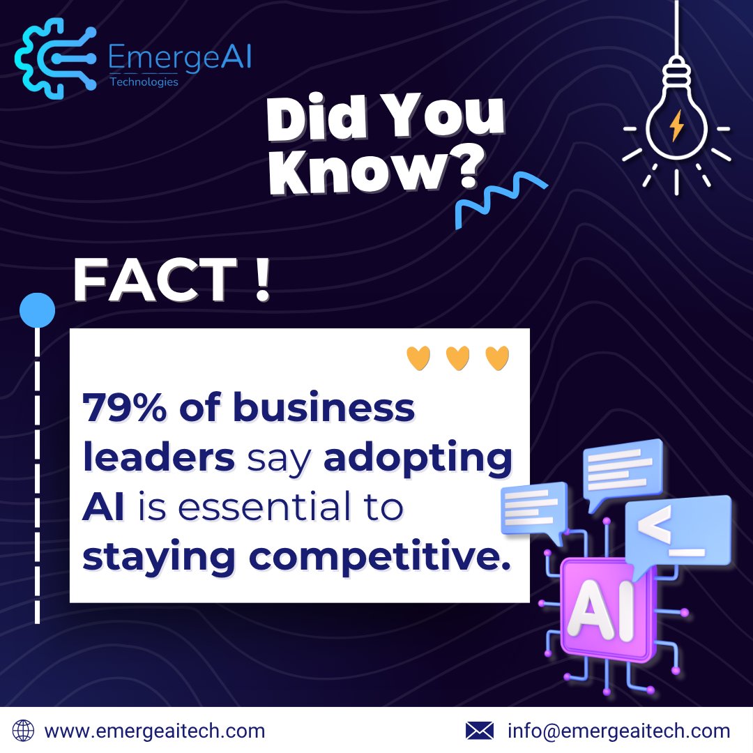 EmergeAI_Tech's tweet image. 💡 𝐃𝐢𝐝 𝐘𝐨𝐮 𝐊𝐧𝐨𝐰?
Top business leaders are turning AI into a competitive edge, driving smarter decisions, faster growth, and future-ready strategies. 🚀

See how AI can transform your business → emergeaitech.com

#DidYouKnow #facts #AI #ArtificialIntelligence…