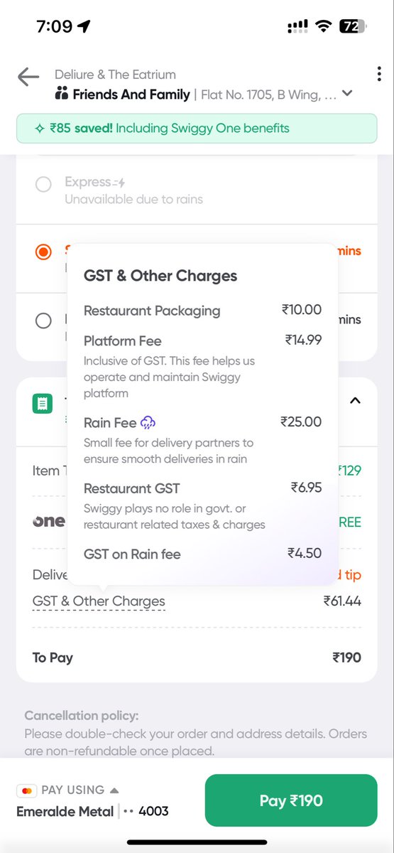 e147446's tweet photo. @Swiggy I wonder why is Swiggy charging ₹25 Rain Fee. Item worth ₹131 costs ₹190 😱 https://t.co/mDblsb1tuq