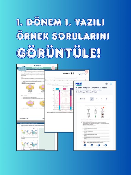 First image shows a teenage girl with glasses ponytail wearing hoodie sitting at desk with laptop open books and papers studying focused on screen with blue text overlay Yazılıya Hazırlık MEBIde indicating first semester first written exam sample questions are ready. Second image features blue background with text Nereden Ulaşabilirsin explaining access via MEBI login selecting exam module clicking preparation section showing app screenshots for semesters and classes. Third image displays multiple screenshots of digital exam interface including question views graphs and MEBI branding for viewing sample questions. Fourth image depicts a teenage boy with glasses wearing hoodie at desk with laptop holding paper smiling as he solves problems with text overlay Nasıl Çözebilirsin explaining digital solving or printing in practice environment.